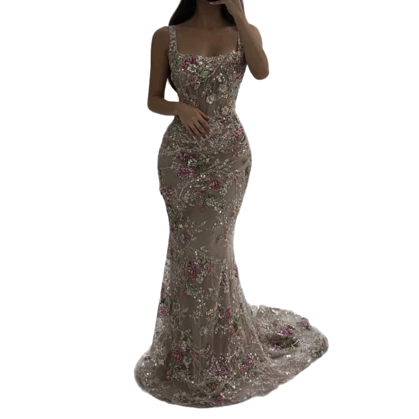 Luxury Nude Pink Floral Beaded Mermaid Evening Dress LA73552C SERENE HILL