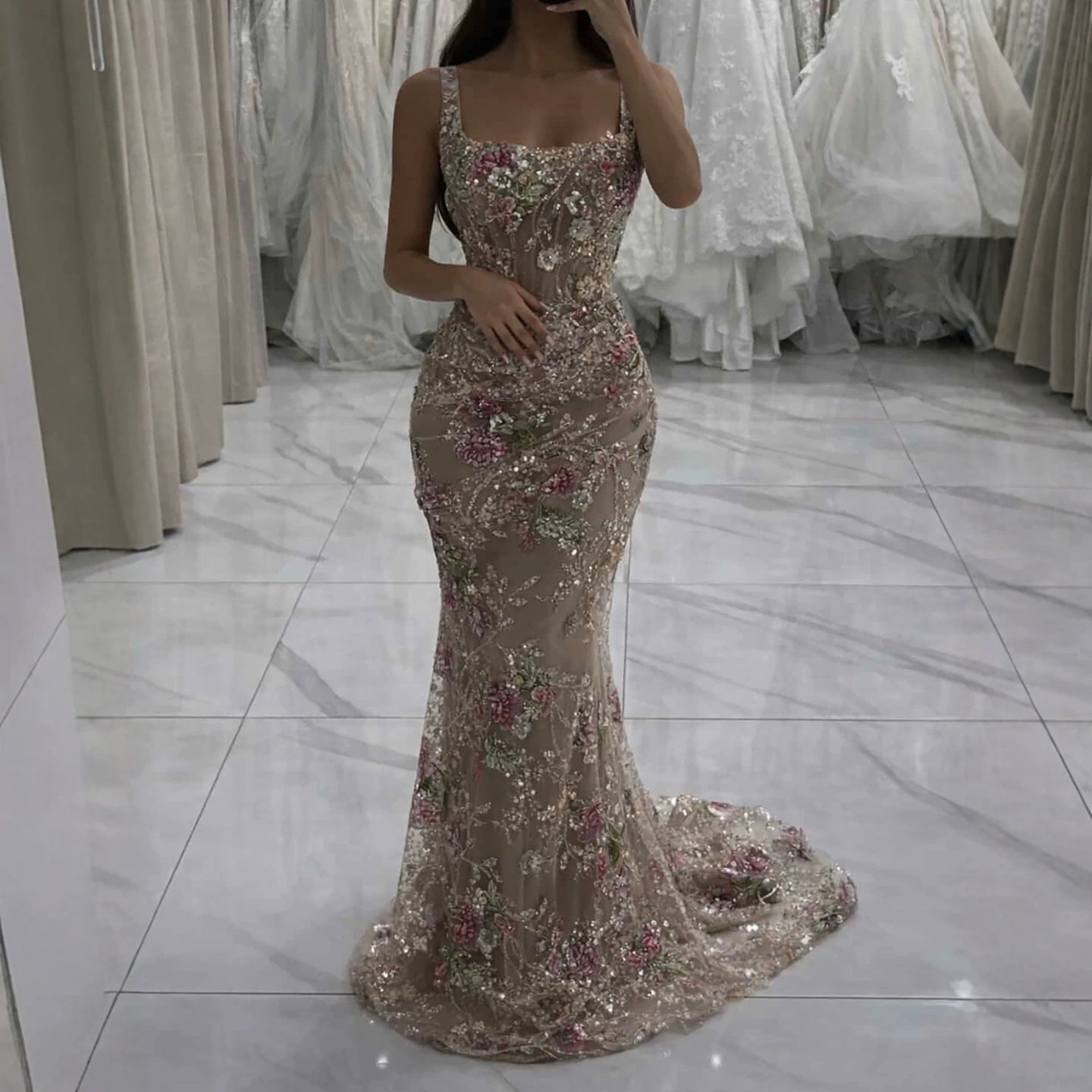 Luxury Nude Pink Floral Beaded Mermaid Evening Dress LA73552C SERENE HILL