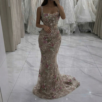 Luxury Nude Pink Floral Beaded Mermaid Evening Dress LA73552C SERENE HILL