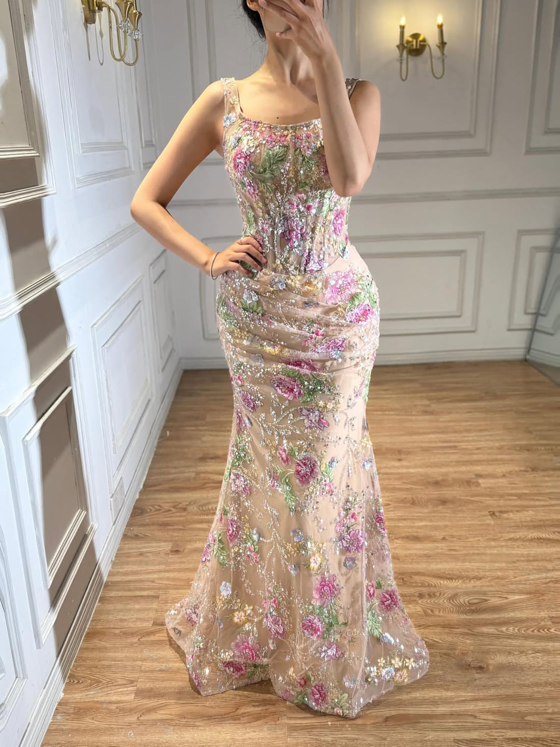 Luxury Nude Pink Floral Beaded Mermaid Evening Dress LA73552C SERENE HILL