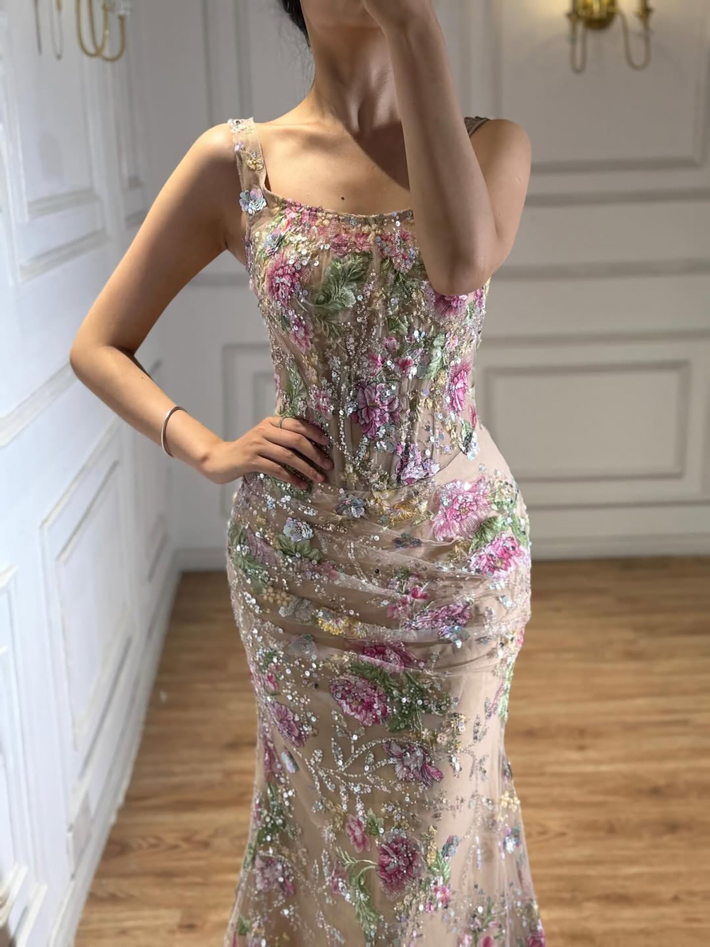 Luxury Nude Pink Floral Beaded Mermaid Evening Dress LA73552C SERENE HILL