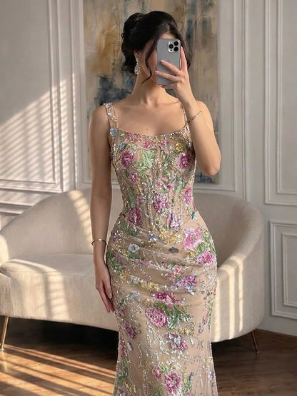 Luxury Nude Pink Floral Beaded Mermaid Evening Dress LA73552C SERENE HILL
