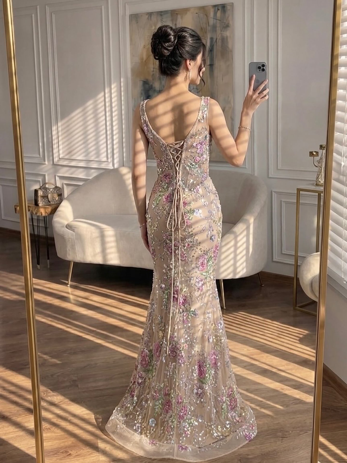 Luxury Nude Pink Floral Beaded Mermaid Evening Dress LA73552C SERENE HILL