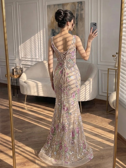 Luxury Nude Pink Floral Beaded Mermaid Evening Dress LA73552C SERENE HILL