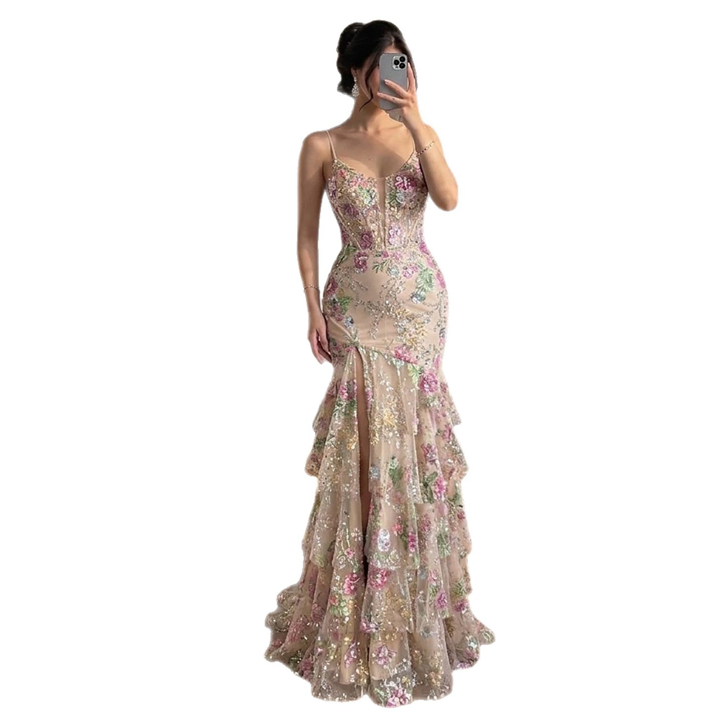 Luxury Pink Floral Beaded Spaghetti Strap Mermaid Dress LA73552E