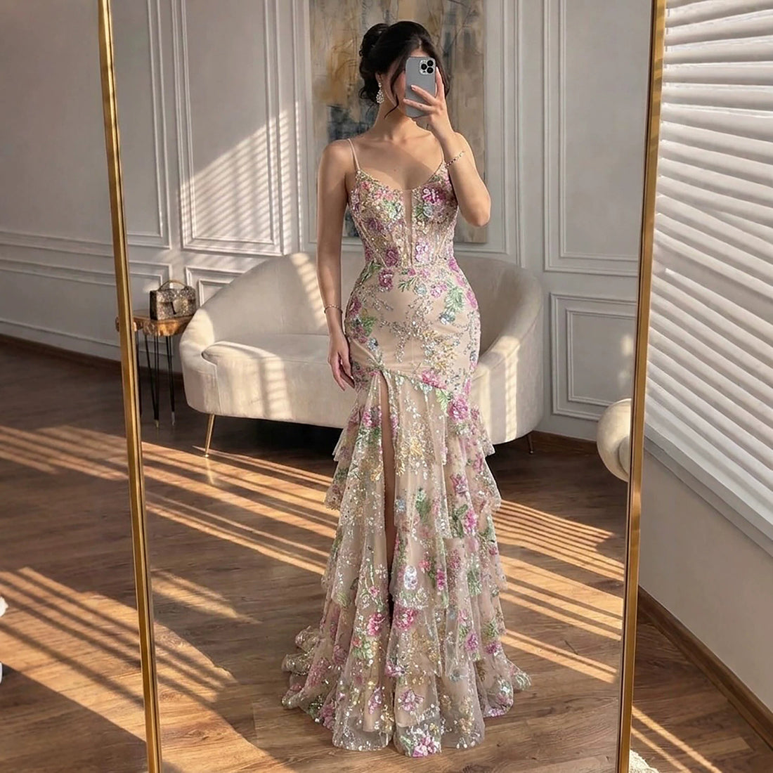 Luxury Pink Floral Beaded Spaghetti Strap Mermaid Dress LA73552E