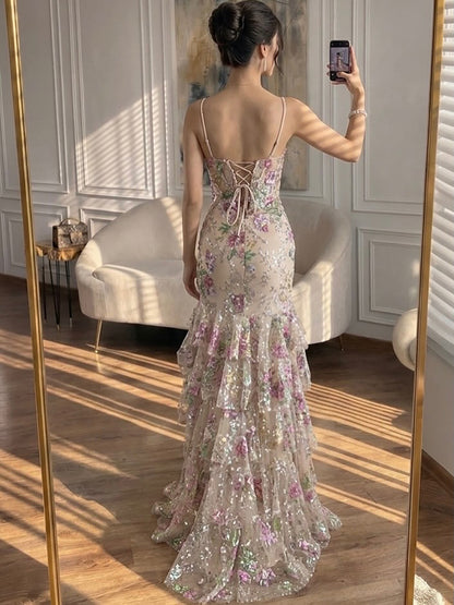 Luxury Pink Floral Beaded Spaghetti Strap Mermaid Dress LA73552E