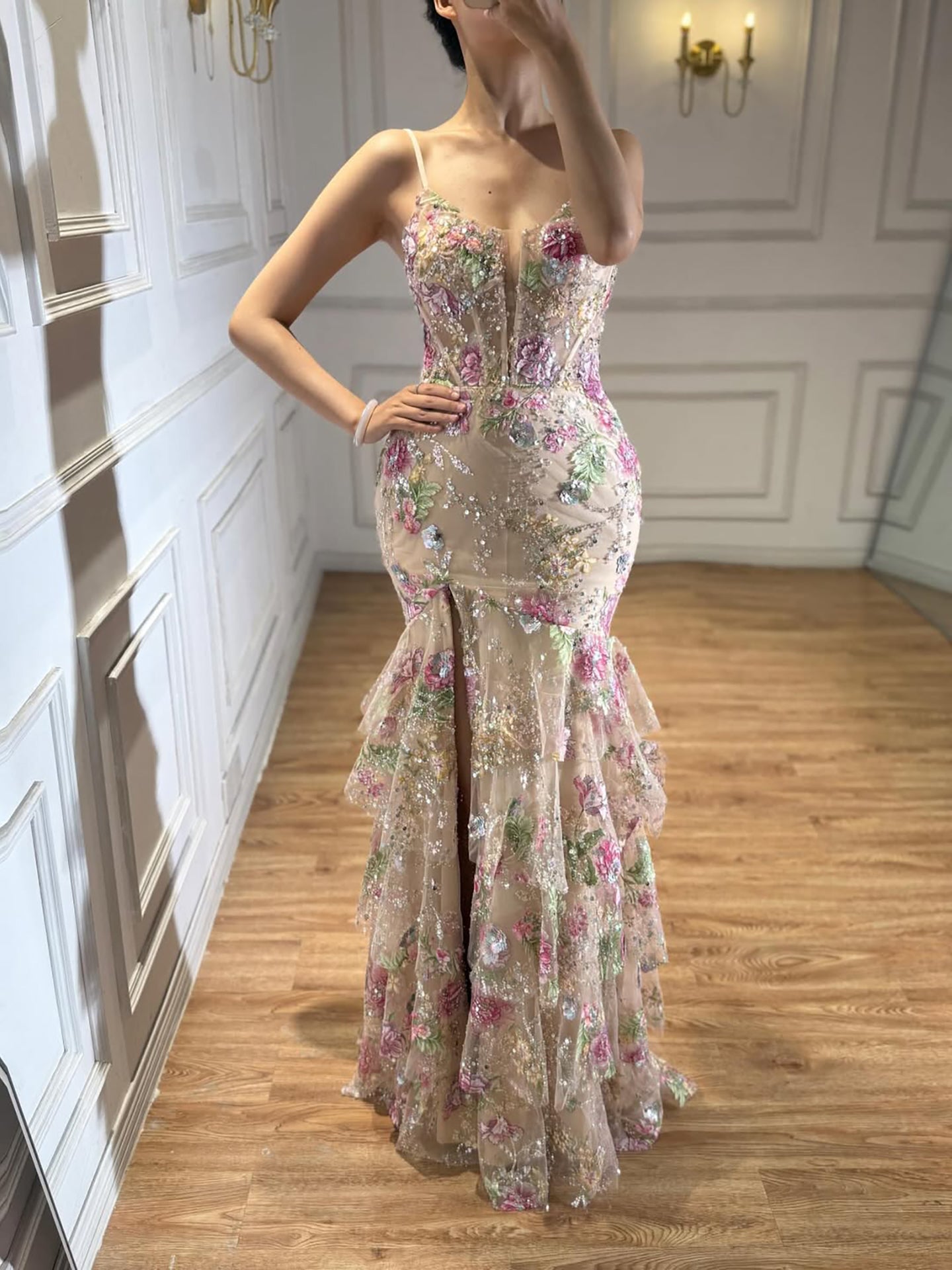 Luxury Pink Floral Beaded Spaghetti Strap Mermaid Dress LA73552E Pink / 2 Luxury Pink Floral Beaded Spaghetti Strap Mermaid Dress LA73552E Pink / 2