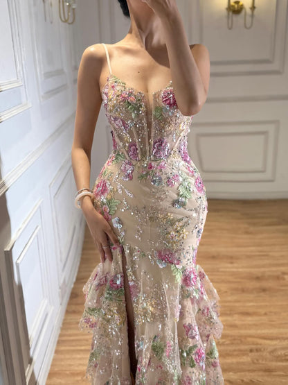 Luxury Pink Floral Beaded Spaghetti Strap Mermaid Dress LA73552E
