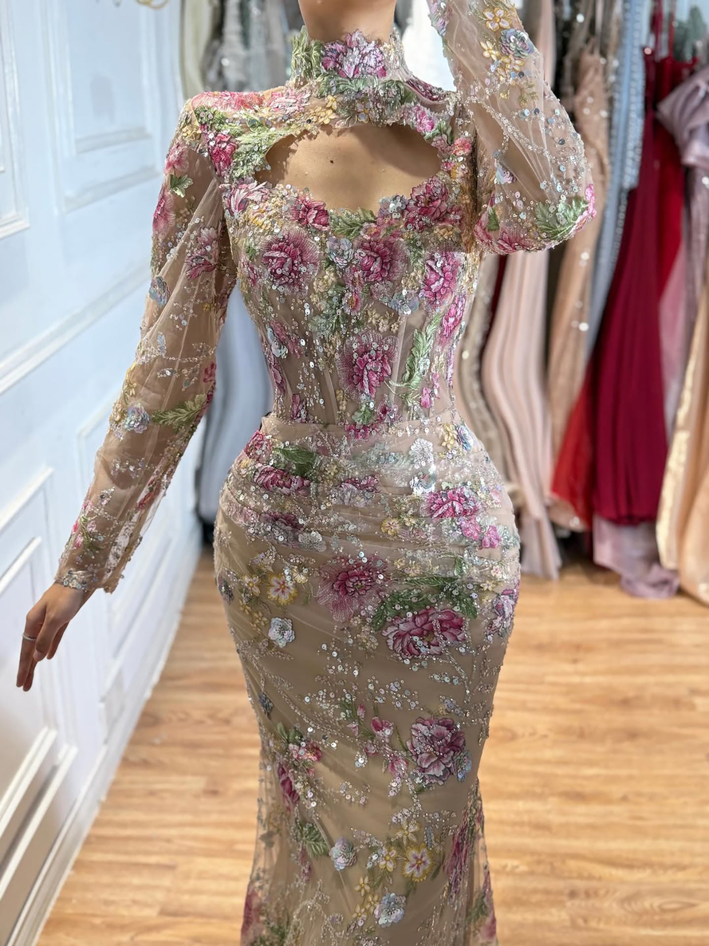 Luxury Nude Pink Floral Beaded Mermaid Evening Dress LA73552F SERENE HILL