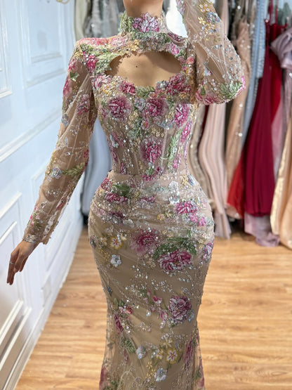 Luxury Nude Pink Floral Beaded Mermaid Evening Dress LA73552F SERENE HILL