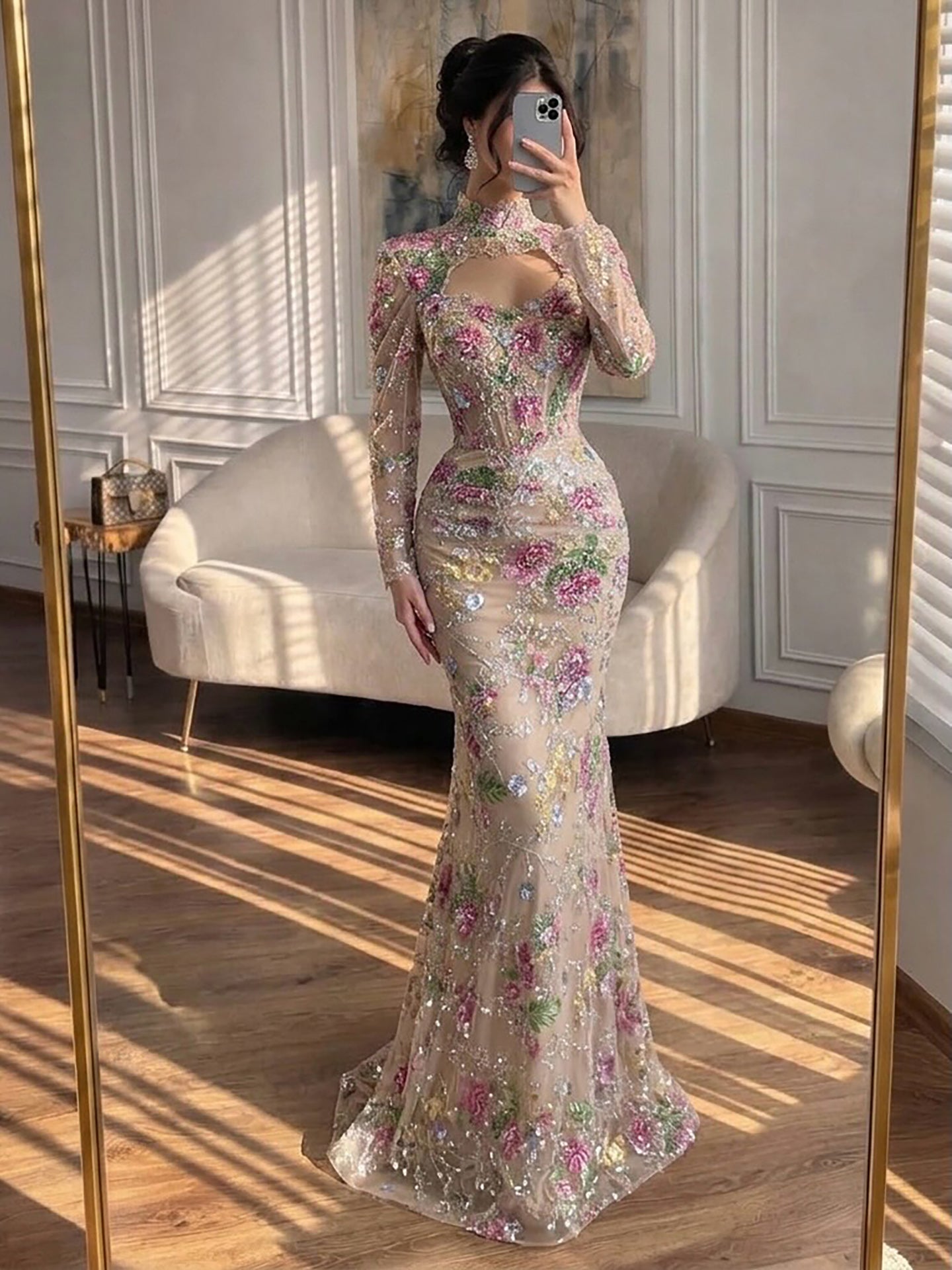 Luxury Nude Pink Floral Beaded Mermaid Evening Dress LA73552F SERENE HILL