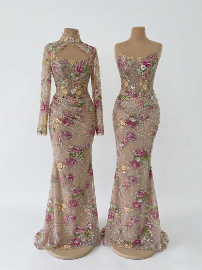 Luxury Nude Pink Floral Beaded Mermaid Evening Dress LA73552F SERENE HILL
