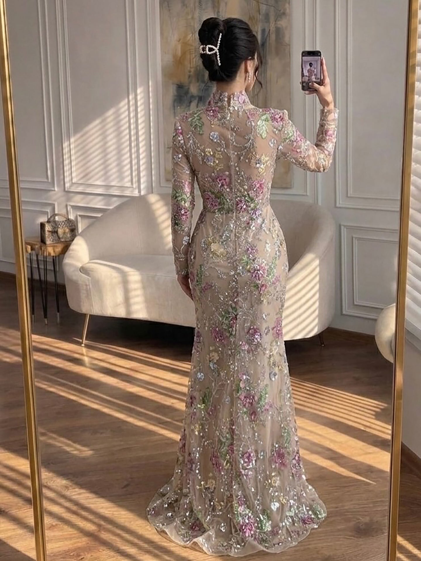 Luxury Nude Pink Floral Beaded Mermaid Evening Dress LA73552F SERENE HILL