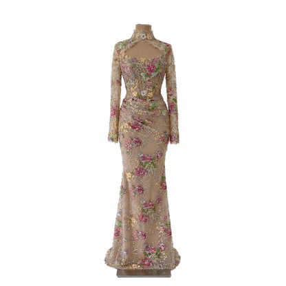 Luxury Nude Pink Floral Beaded Mermaid Evening Dress LA73552F SERENE HILL