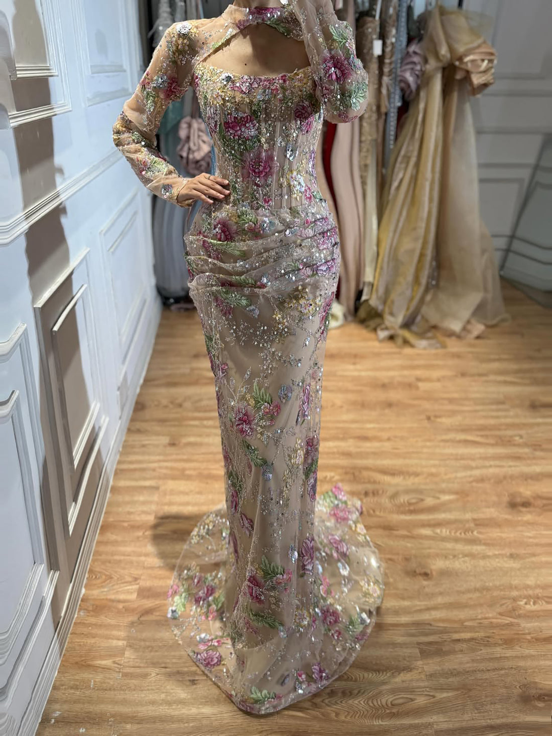 Luxury Nude Pink Beaded Long Sleeve Mermaid Evening Dress LA73552FF SERENE HILL