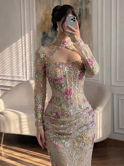 Luxury Nude Pink Beaded Long Sleeve Mermaid Evening Dress LA73552FF SERENE HILL