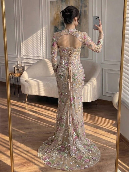 Luxury Nude Pink Beaded Long Sleeve Mermaid Evening Dress LA73552FF SERENE HILL