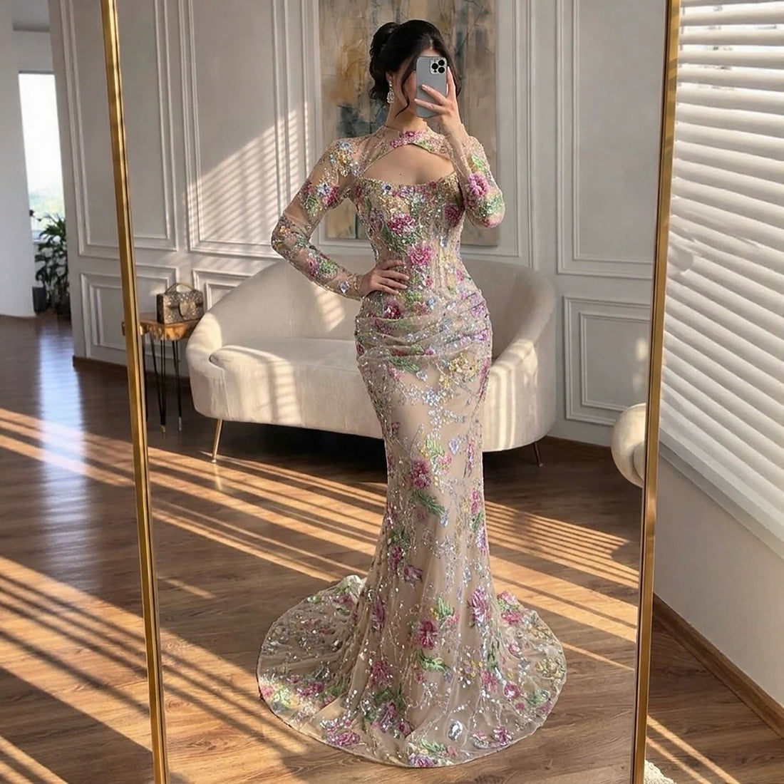 Luxury Nude Pink Beaded Long Sleeve Mermaid Evening Dress LA73552FF SERENE HILL