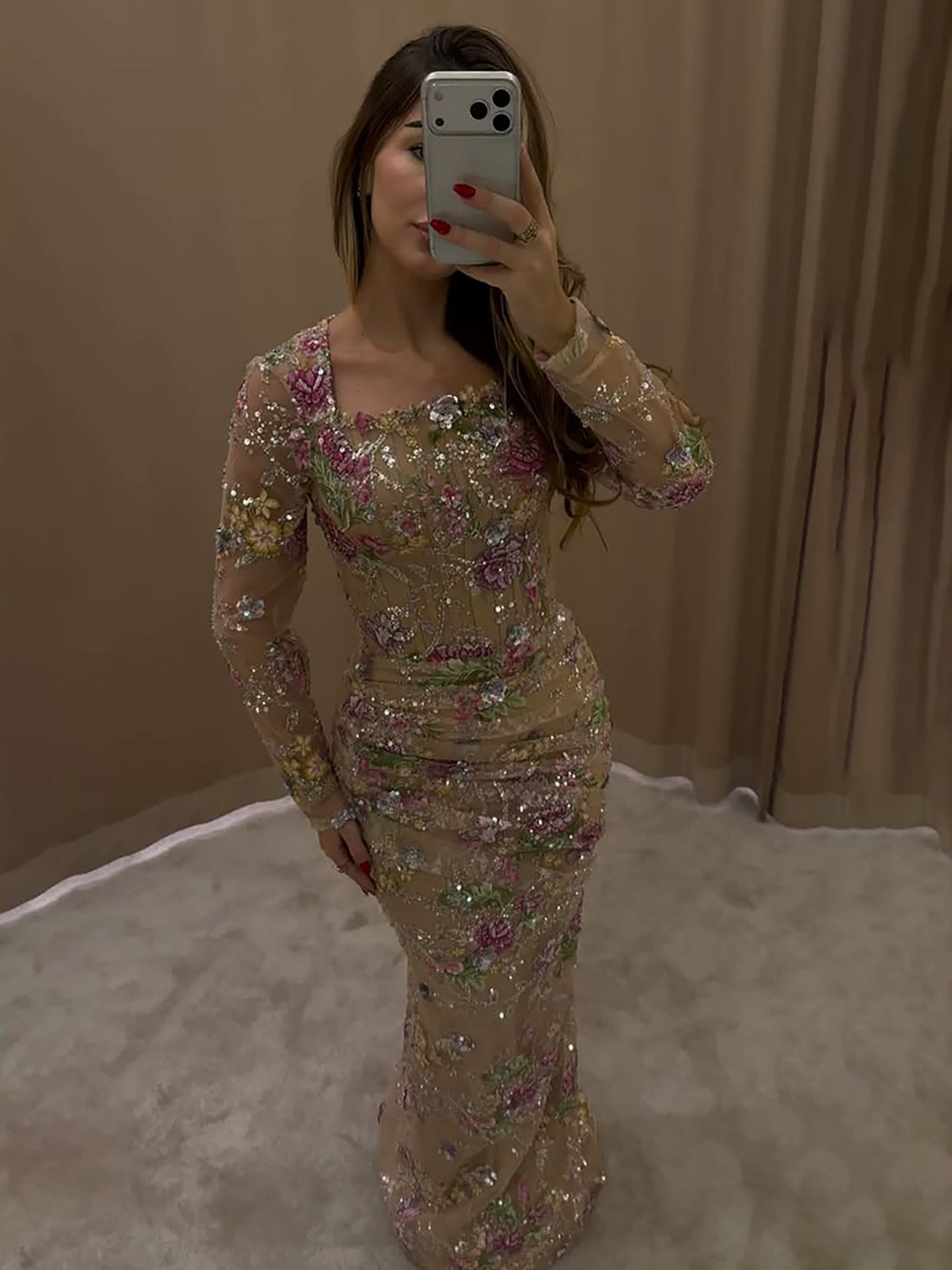 Luxury Nude Pink Floral Beaded Mermaid Evening Dress LA73552G SERENE HILL