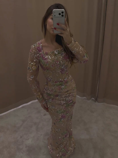 Luxury Nude Pink Floral Beaded Mermaid Evening Dress LA73552G SERENE HILL