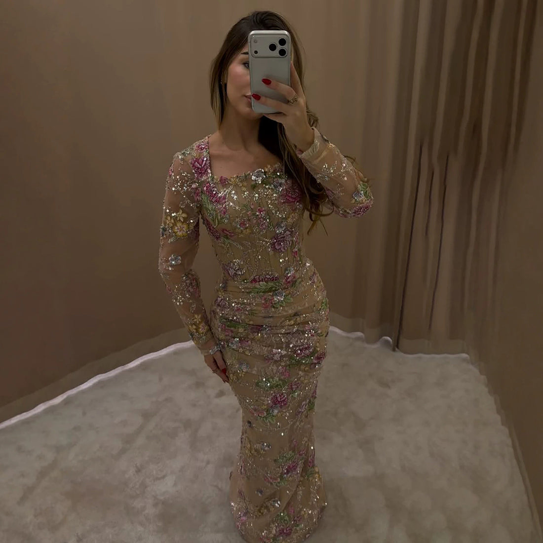Luxury Nude Pink Floral Beaded Mermaid Evening Dress LA73552G SERENE HILL