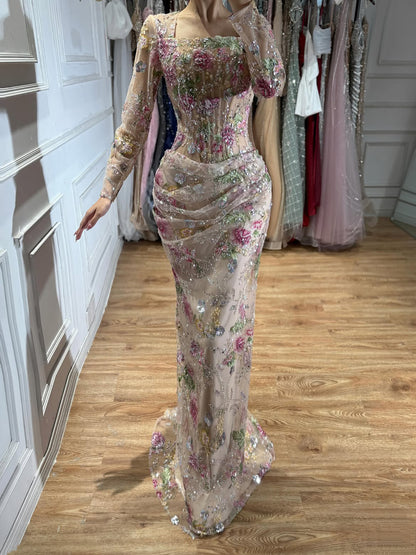 Luxury Nude Pink Floral Beaded Mermaid Evening Dress LA73552G SERENE HILL