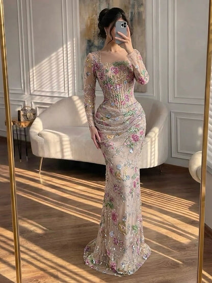 Luxury Nude Pink Floral Beaded Mermaid Evening Dress LA73552G SERENE HILL
