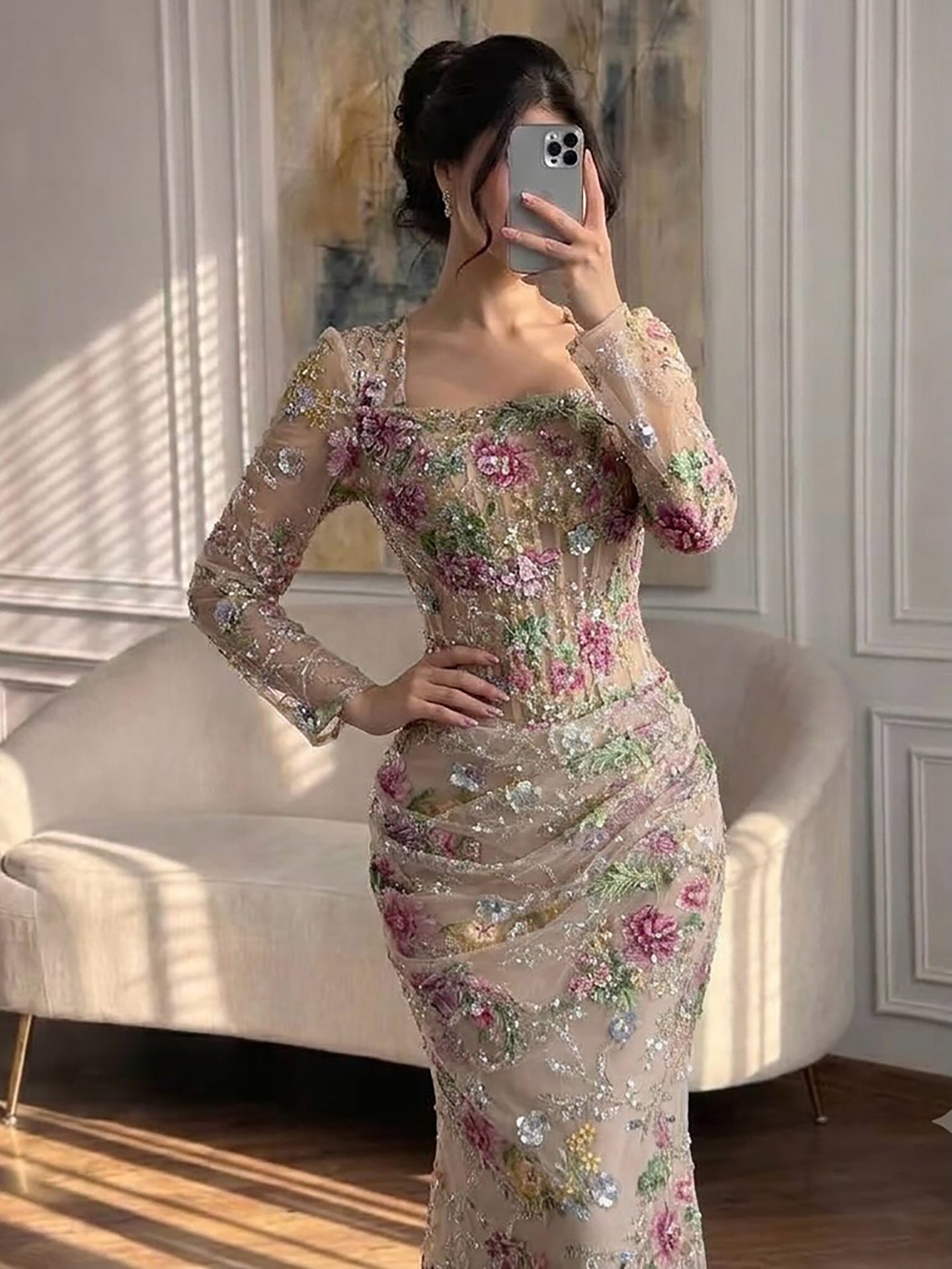 Luxury Nude Pink Floral Beaded Mermaid Evening Dress LA73552G SERENE HILL