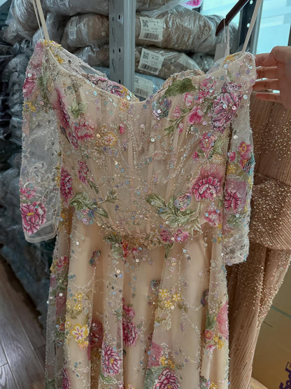 Luxury Pink Floral Beaded A Line Dress with Sleeves LA73552H SERENE HILL