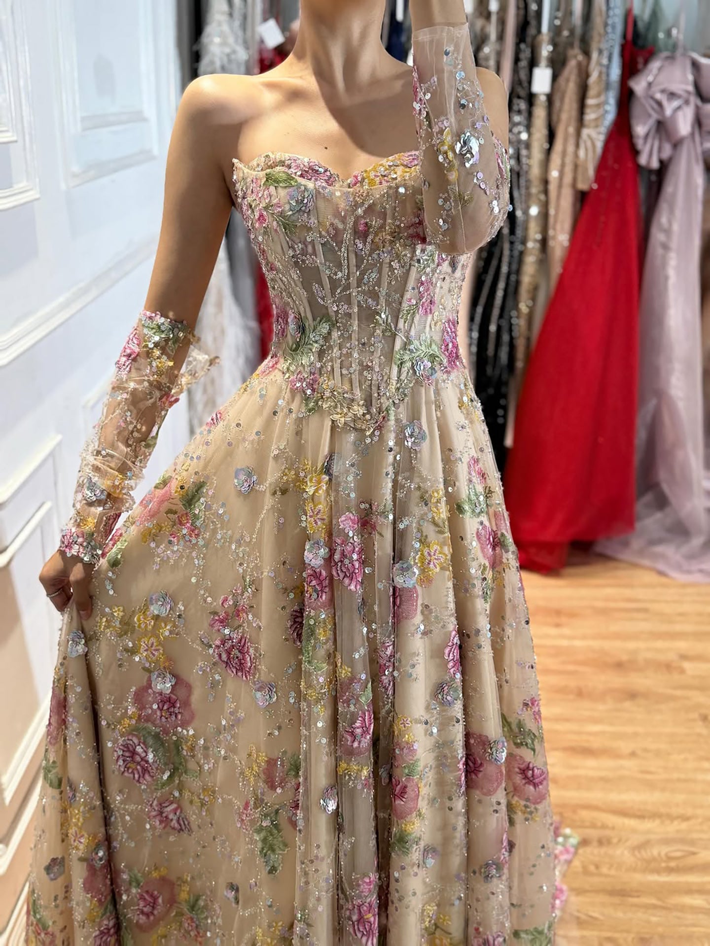 Luxury Pink Floral Beaded A Line Dress with Sleeves LA73552H SERENE HILL