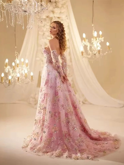 Luxury Pink Floral Beaded A Line Dress with Sleeves LA73552H SERENE HILL