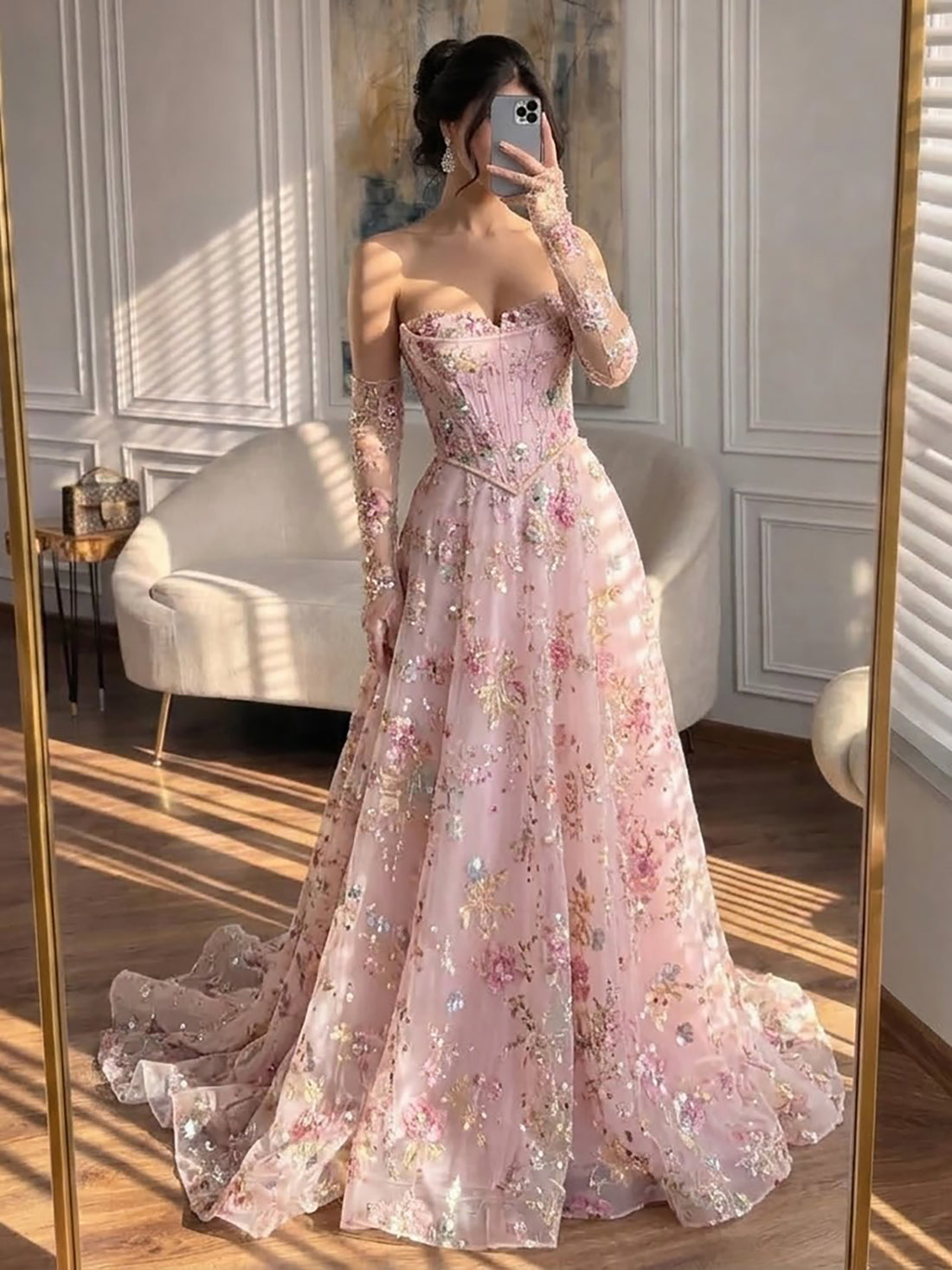 Luxury Pink Floral Beaded A Line Dress with Sleeves LA73552H SERENE HILL