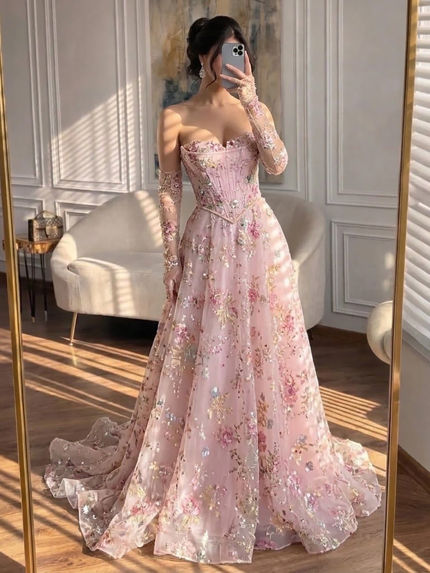Luxury Pink Floral Beaded A Line Dress with Sleeves LA73552H SERENE HILL