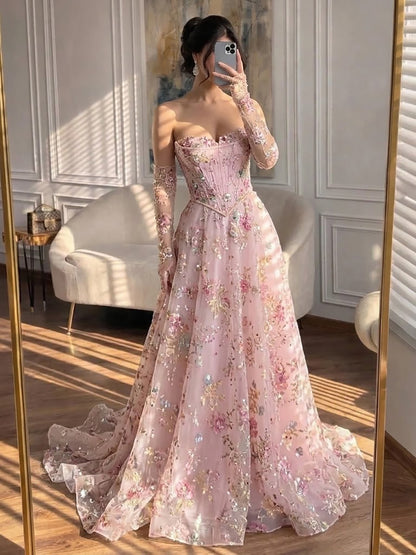 Luxury Pink Floral Beaded A Line Dress with Sleeves LA73552H SERENE HILL