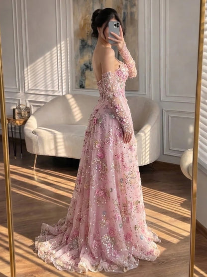 Luxury Pink Floral Beaded A Line Dress with Sleeves LA73552H SERENE HILL