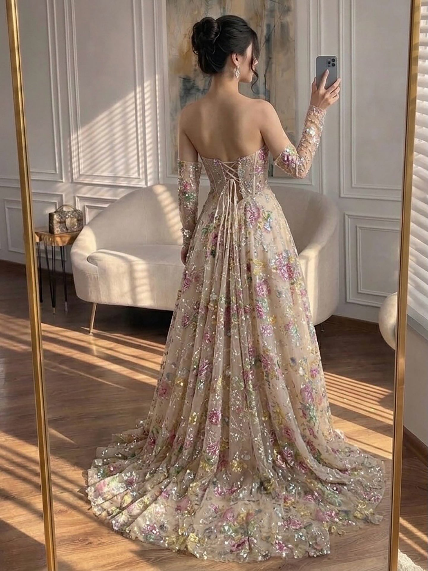 Luxury Pink Floral Beaded A Line Dress with Sleeves LA73552H SERENE HILL