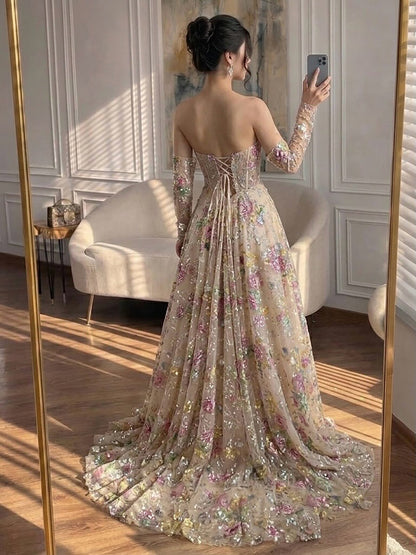 Luxury Pink Floral Beaded A Line Dress with Sleeves LA73552H SERENE HILL