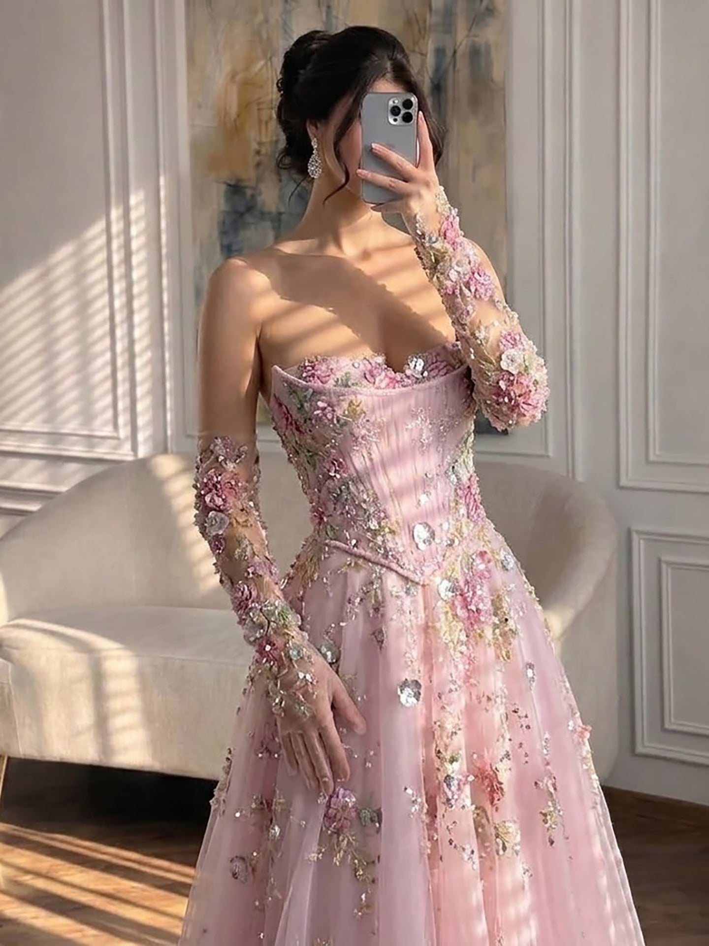Luxury Pink Floral Beaded A Line Dress with Sleeves LA73552H SERENE HILL