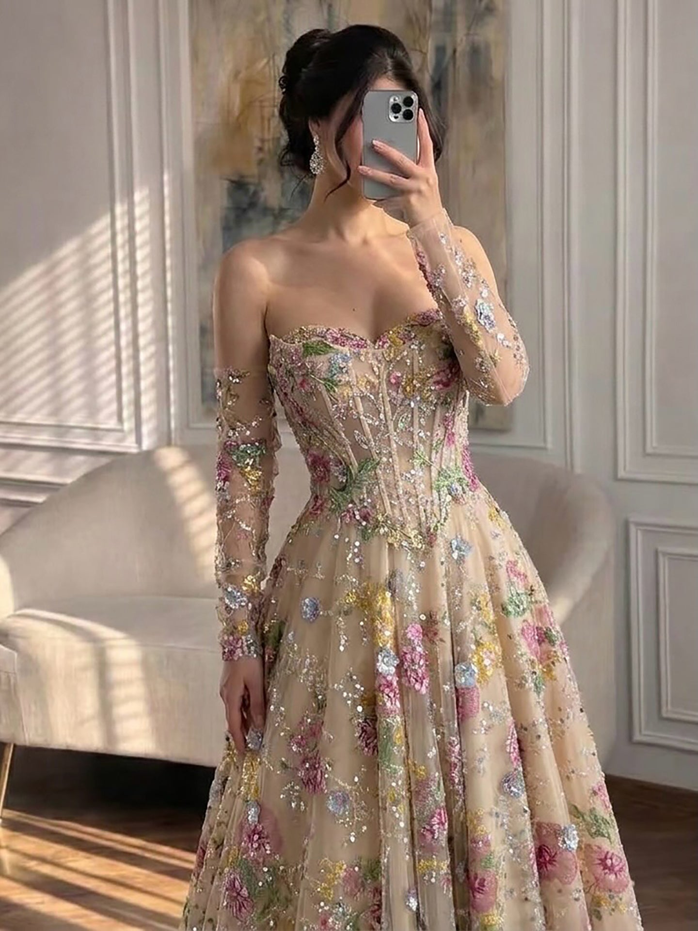 Luxury Pink Floral Beaded A Line Dress with Sleeves LA73552H SERENE HILL