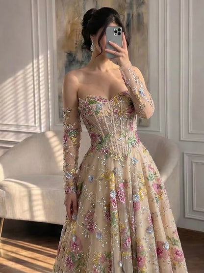 Luxury Pink Floral Beaded A Line Dress with Sleeves LA73552H SERENE HILL