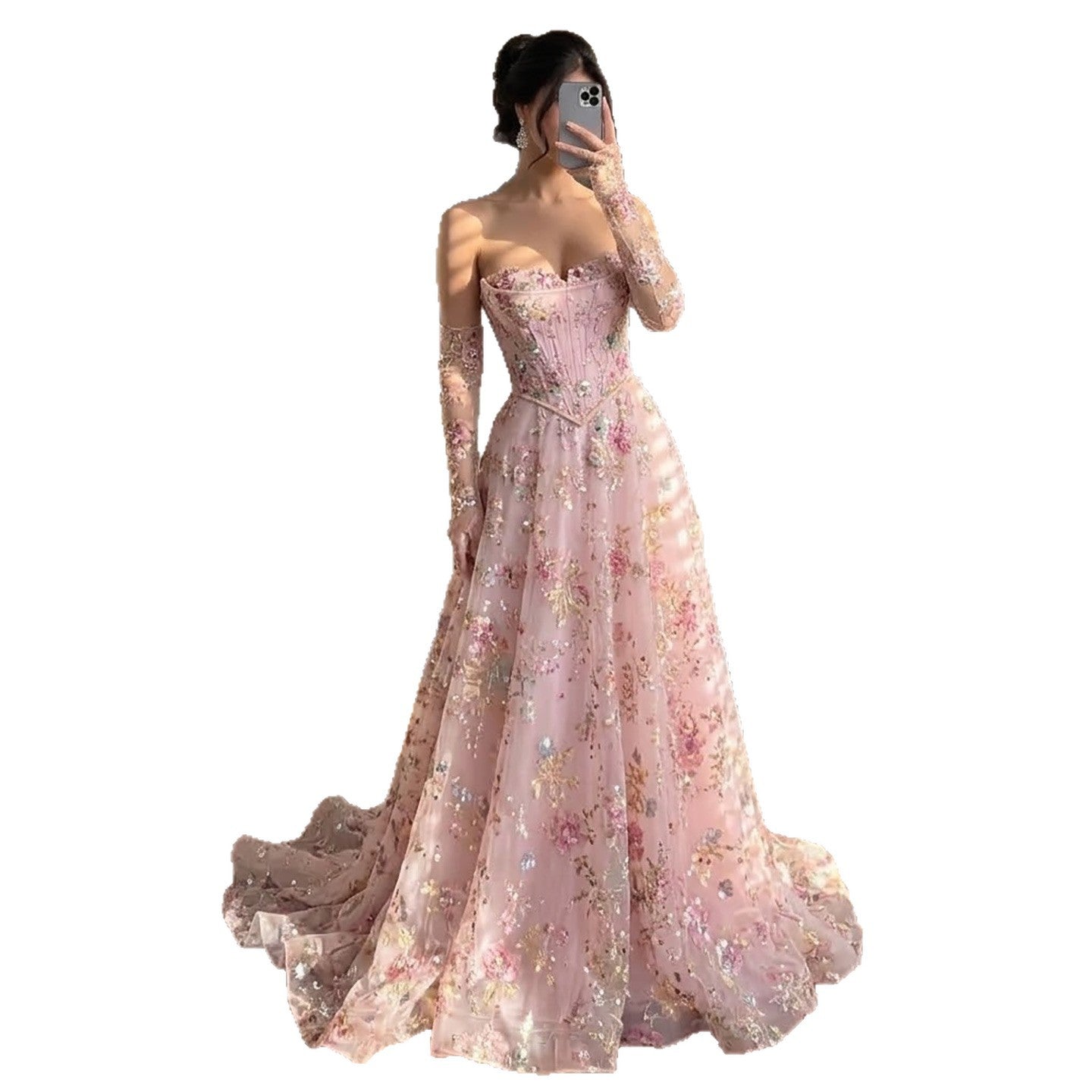 Luxury Pink Floral Beaded A Line Dress with Sleeves LA73552H SERENE HILL