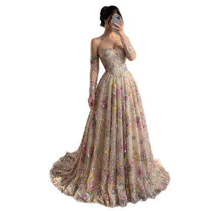 Luxury Pink Floral Beaded A Line Dress with Sleeves LA73552H SERENE HILL