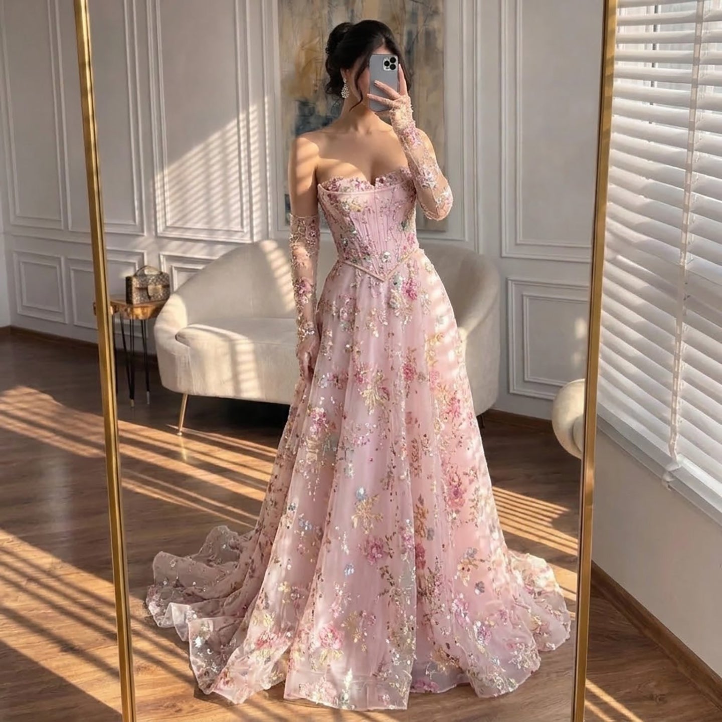 Luxury Pink Floral Beaded A Line Dress with Sleeves LA73552H SERENE HILL