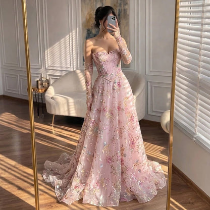 Luxury Pink Floral Beaded A Line Dress with Sleeves LA73552H SERENE HILL