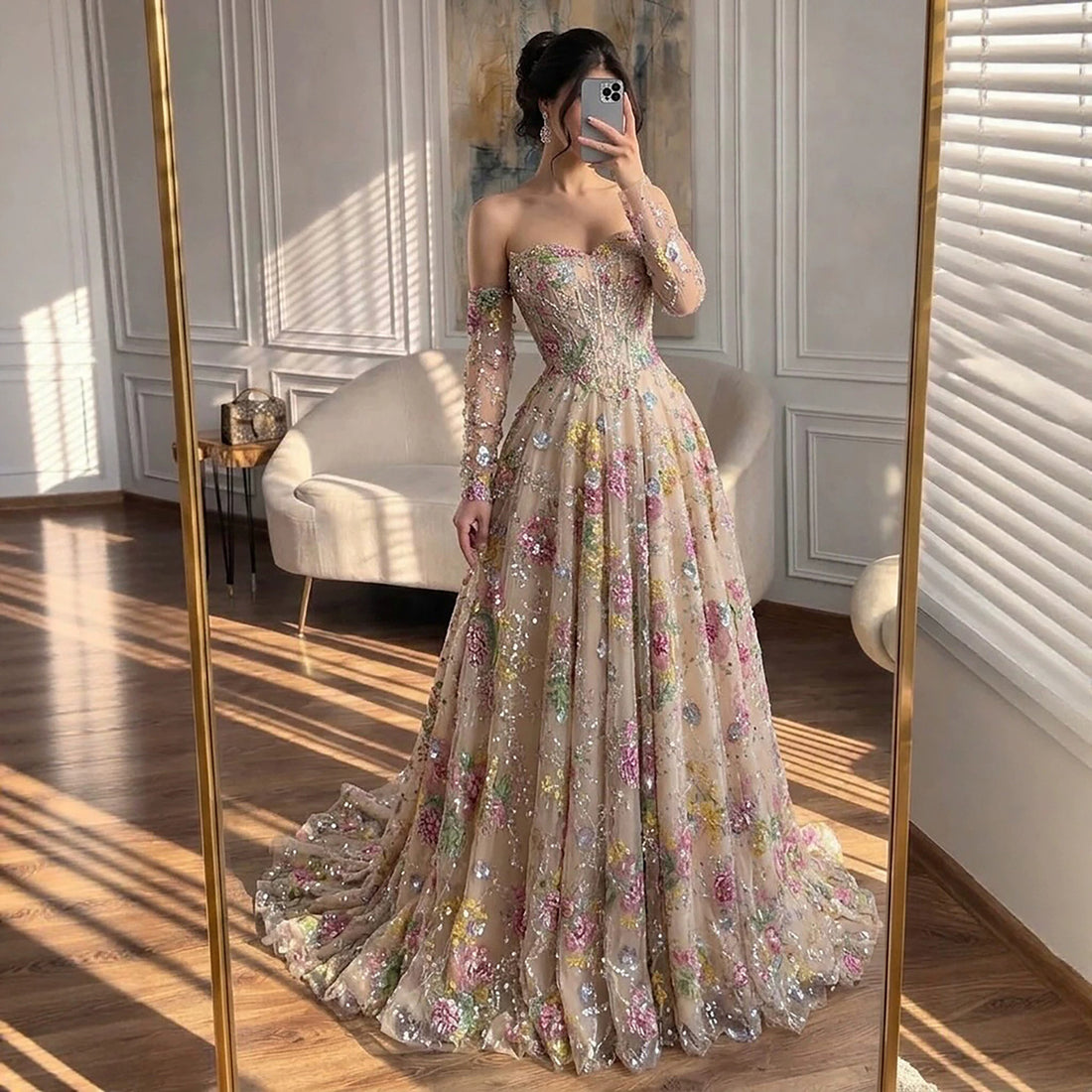 Luxury Pink Floral Beaded A Line Dress with Sleeves LA73552H SERENE HILL