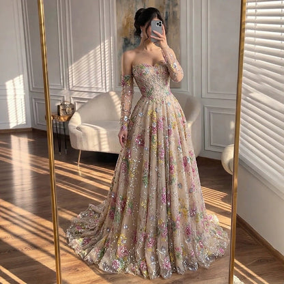 Luxury Pink Floral Beaded A Line Dress with Sleeves LA73552H SERENE HILL