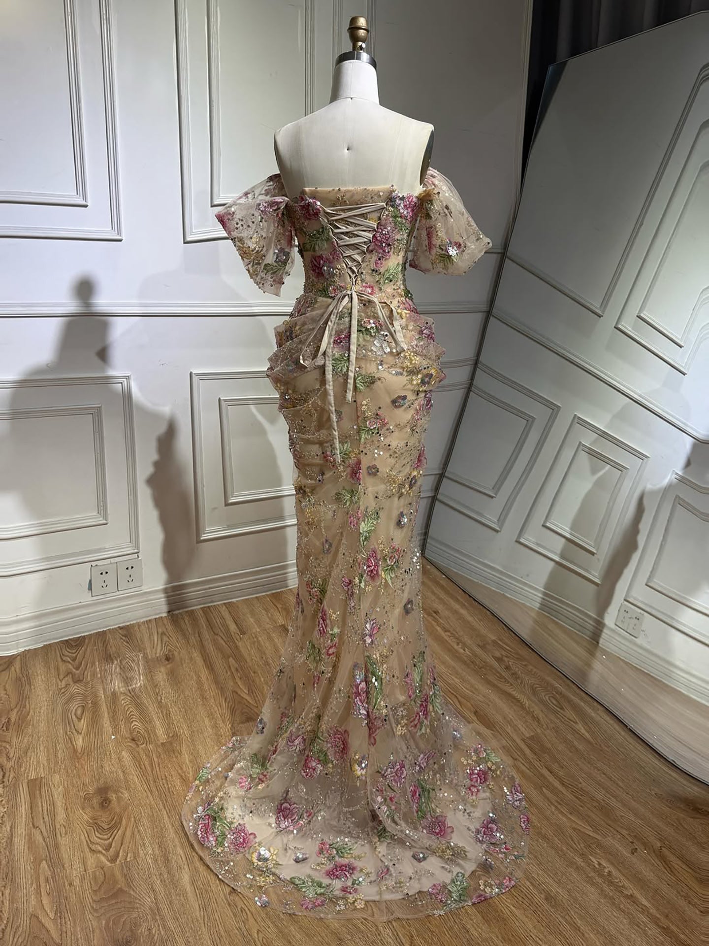 Luxury Nude Floral Off Shoulder Mermaid Dress LA73552I Nude / 6