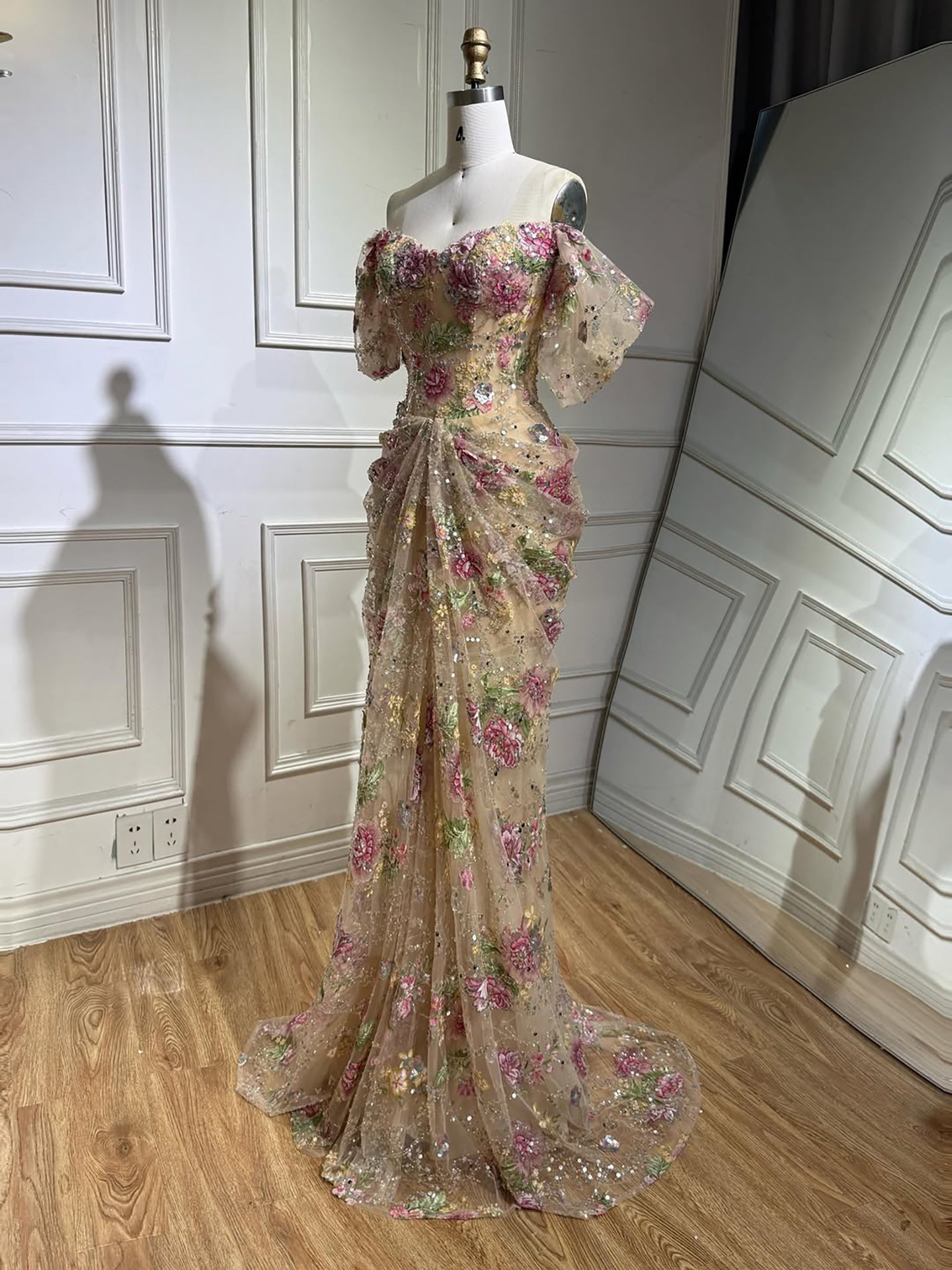 Luxury Nude Floral Off Shoulder Mermaid Dress LA73552I SERENE HILL