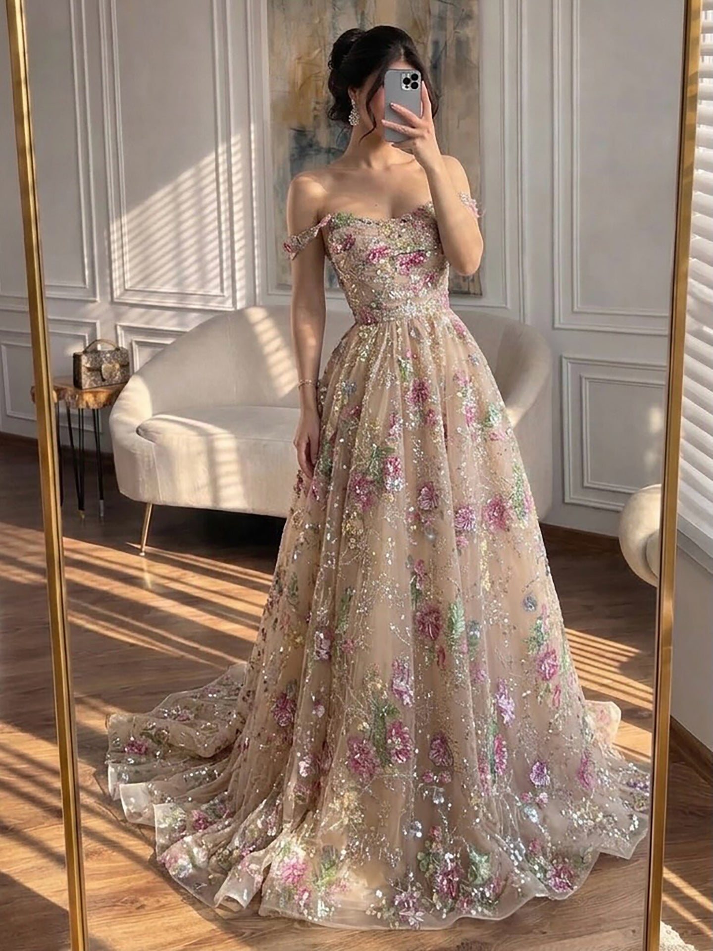Luxury Nude Pink Off-Shoulder Floral Evening Dress LA73552K SERENE HILL
